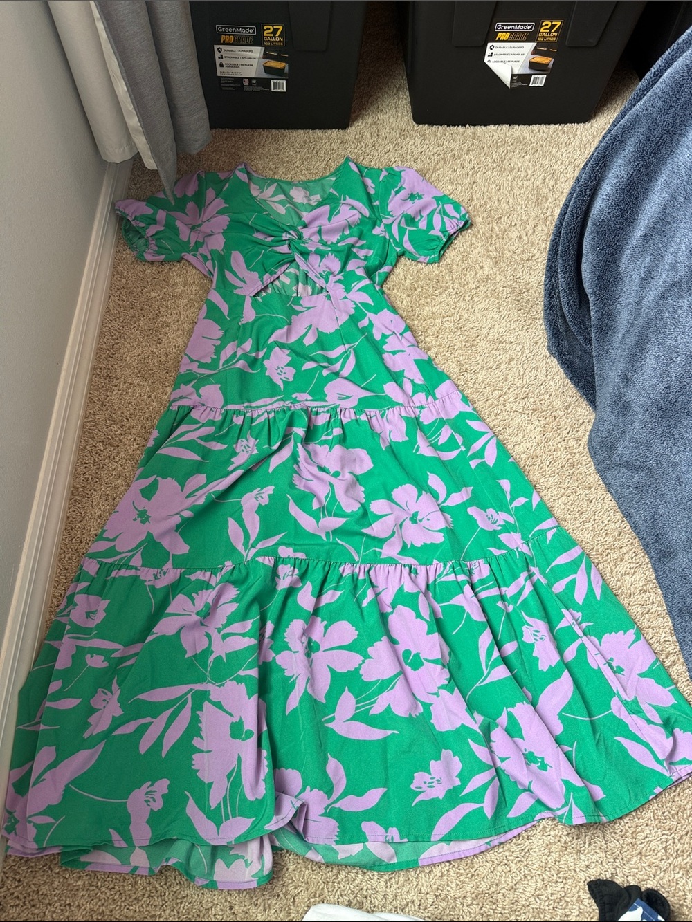 Floral Puff-Sleeve Green & Lavender Dress